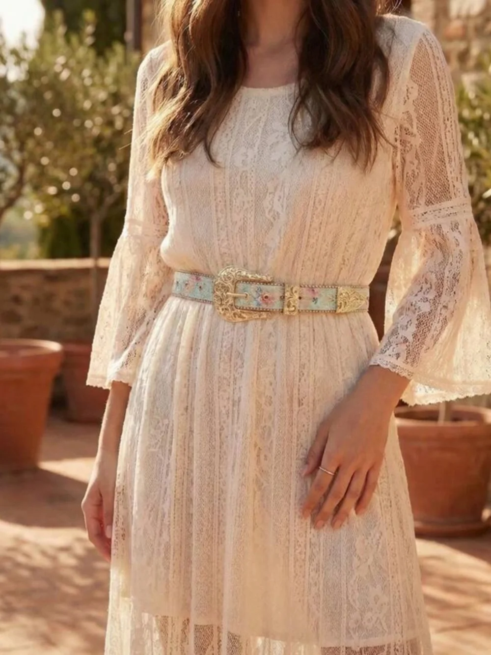 Gold-Tone Floral Embroidered Western Belt - Blue Multi
